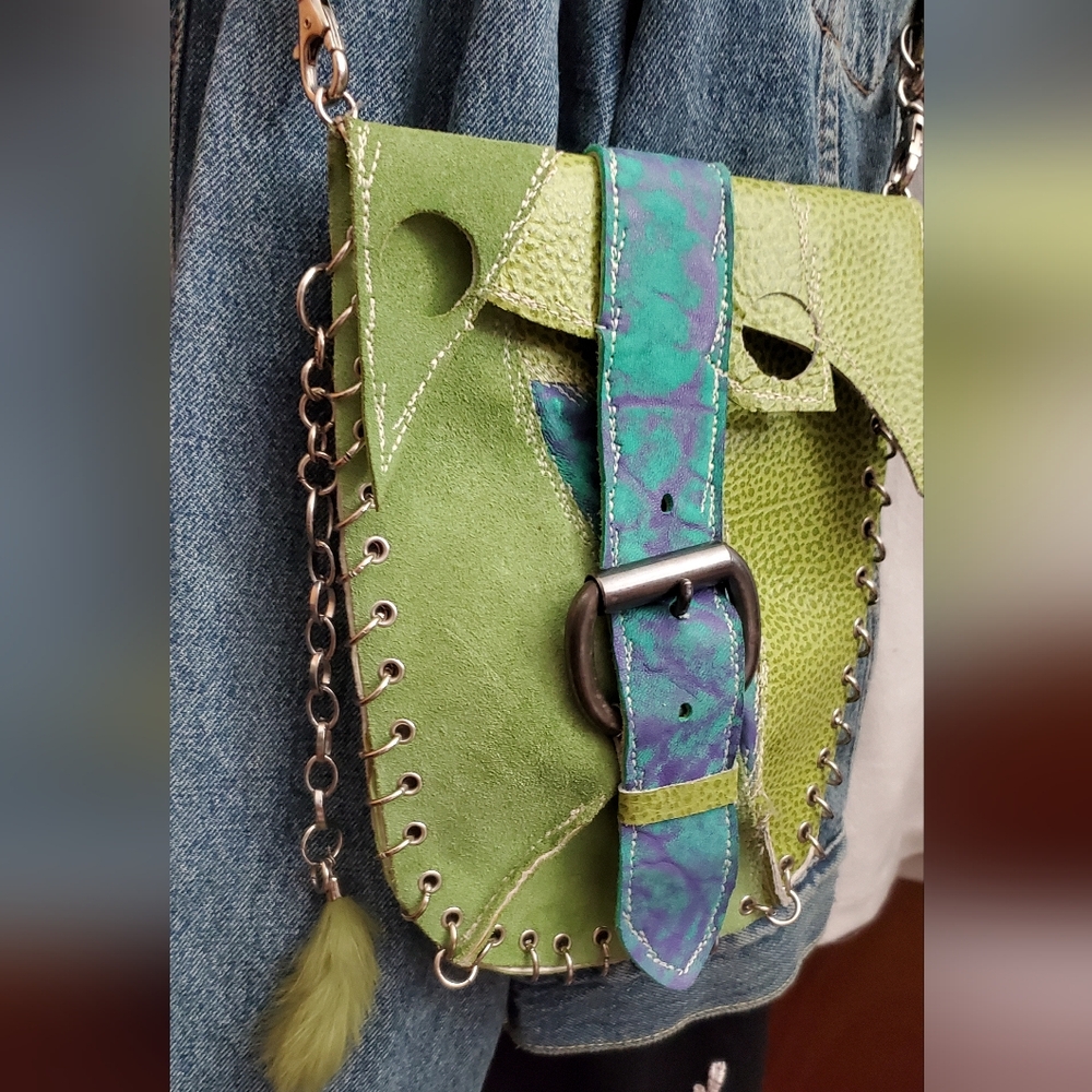 DORA SCHƏBAL Green, Blue,& Purple Leather Crossbody Bag with Wire Embellishment - Picture 5 of 10